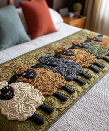Wooly Friends Quilted Bed Runner — Adorable Sheep Motif Throw, Cozy Nursery & Kids Room Accent, Soft Quilted Decorative Runner