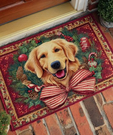 Festive Golden Retriever Wreath Doormat — Holiday Welcome Mat With Cute Dog Design, Durable Coir, Non-Slip Backing, Perfect Gift