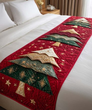 Festive Xmas Tree Charm Quilted Bed Runner — Charming Holiday Tree Motif, Quilted Cotton Blend, Reversible & Easy-Care Accent