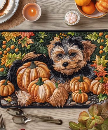 Autumn Yorkie & Pumpkins Quilted Placemat - Seasonal Table Decor, Machine Washable Cotton, Rustic Thanksgiving Accent
