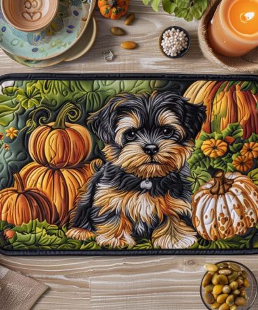 Cozy Yorkie Pumpkin Quilted Placemat - Autumn-Themed Terrier Table Mat with Pumpkin Motif, Machine Washable, Rustic Farmhouse Style