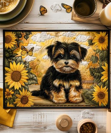 Yorkie Sunflower Quilted Placemat — Charming Dog & Floral Table Mat, Reversible, Cushioned & Easy-Care Machine-Washable Design