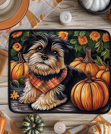 Autumn Yorkshire Quilted Placemat - Fall Harvest Table Mat with Yorkie Puppy, Pumpkin Accents, Machine Washable & Cozy Kitchen Decor