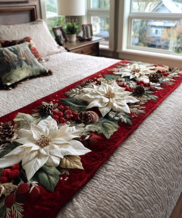 Yuletide Bloom Floral Quilted Bed Runner - Festive Holiday Floral Bedding Accent, Soft Cotton Blend, Reversible & Easy Care