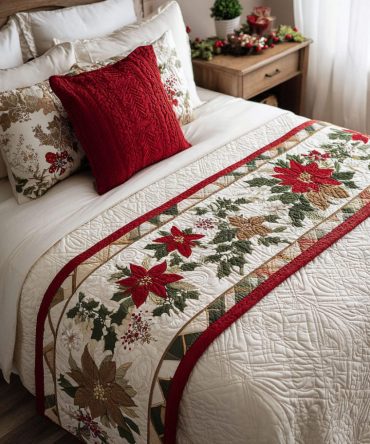 Yuletide Elegance Quilted Bed Runner - Luxe Christmas Bedding Accent For King & Queen Beds, Timeless Holiday Style
