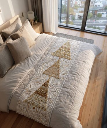 Yuletide Grove Quilted Bed Runner - Holiday Print Bed Scarf, Festive Evergreen Berry Design, Reversible Cozy Accent For Winter Beds