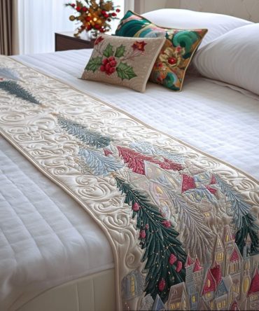 Yuletide Pine Quilted Bed Runner - Classic Pinecone & Needle Motif In Holiday Greens, Quilted Christmas Bedding Accent, Reversible, Washable