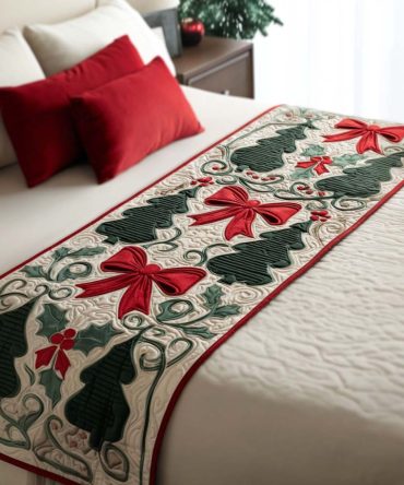 Yuletide Ribbons Quilted Bed Runner — Elegant Christmas Ribbon Motif, Festive Quilted Throw For Bed, Sofa & Holiday Decor