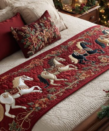 Festive Horse & Wreath Quilted Christmas Bed Runner — Luxury Holiday Bed Scarf For Queen/King Beds, Reversible Seasonal Bedding Accent