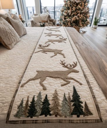 Rustic Yuletide Stag Quilted Bed Runner - Holiday Reindeer Bedding Accent, Cozy Christmas Throw, Durable & Machine Washable