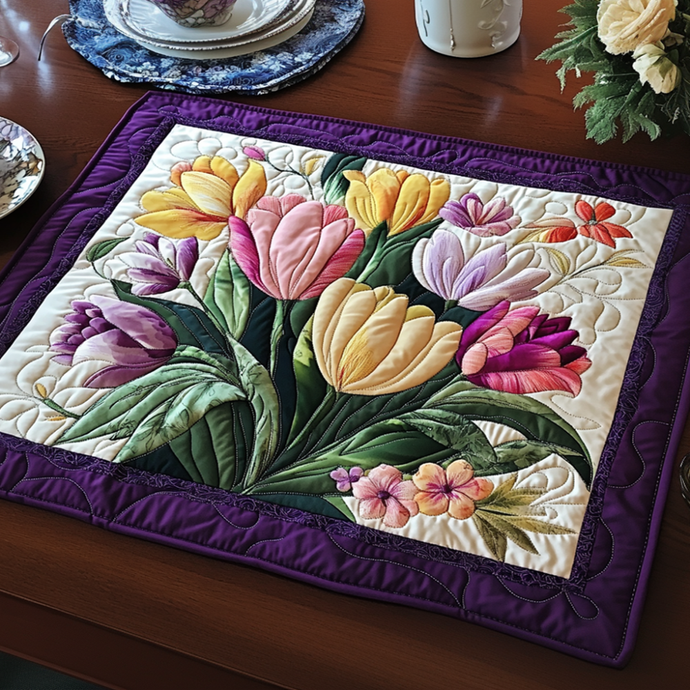 Bloom Haven Quilted Table Placemat - Soft Cotton Floral Mat with Layered Petal Design for Elegant Everyday Dining and Gift-Giving