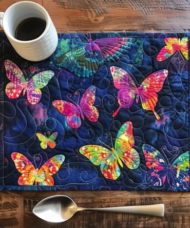 Midnight Colorful Butterflies Quilted Placemat — 12x18 Dark Background with Bright Butterflies, Cotton-Blend, Machine-Washable Table Accent