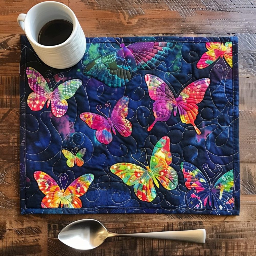 Midnight Colorful Butterflies Quilted Placemat — 12x18 Dark Background with Bright Butterflies, Cotton-Blend, Machine-Washable Table Accent