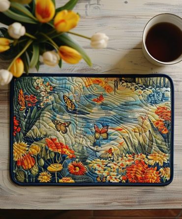 Vibrant Butterfly Blossom Quilted Placemat — 12x18 Floral and Butterfly Table Mat, Colorful Cotton-Blend, Machine-Washable