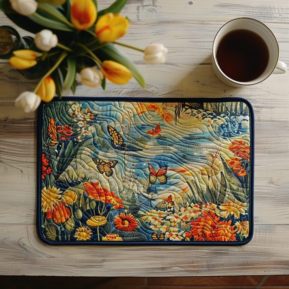 Vibrant Butterfly Blossom Quilted Placemat — 12x18 Floral and Butterfly Table Mat, Colorful Cotton-Blend, Machine-Washable