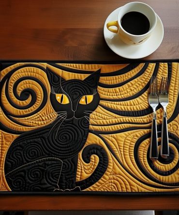 Enchanted Moon Cat Quilted Placemat — Whimsical Lunar Cat Table Mat, Soft Quilted Cotton for Magical Kitchen & Dining Accents