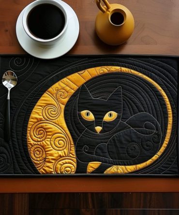 Shadowy Secret Cat Quilted Placemat — Elegant Silhouette Table Mat, Cotton-Padded, Non-Slip, Machine Washable, Stylish Cat Home Accent