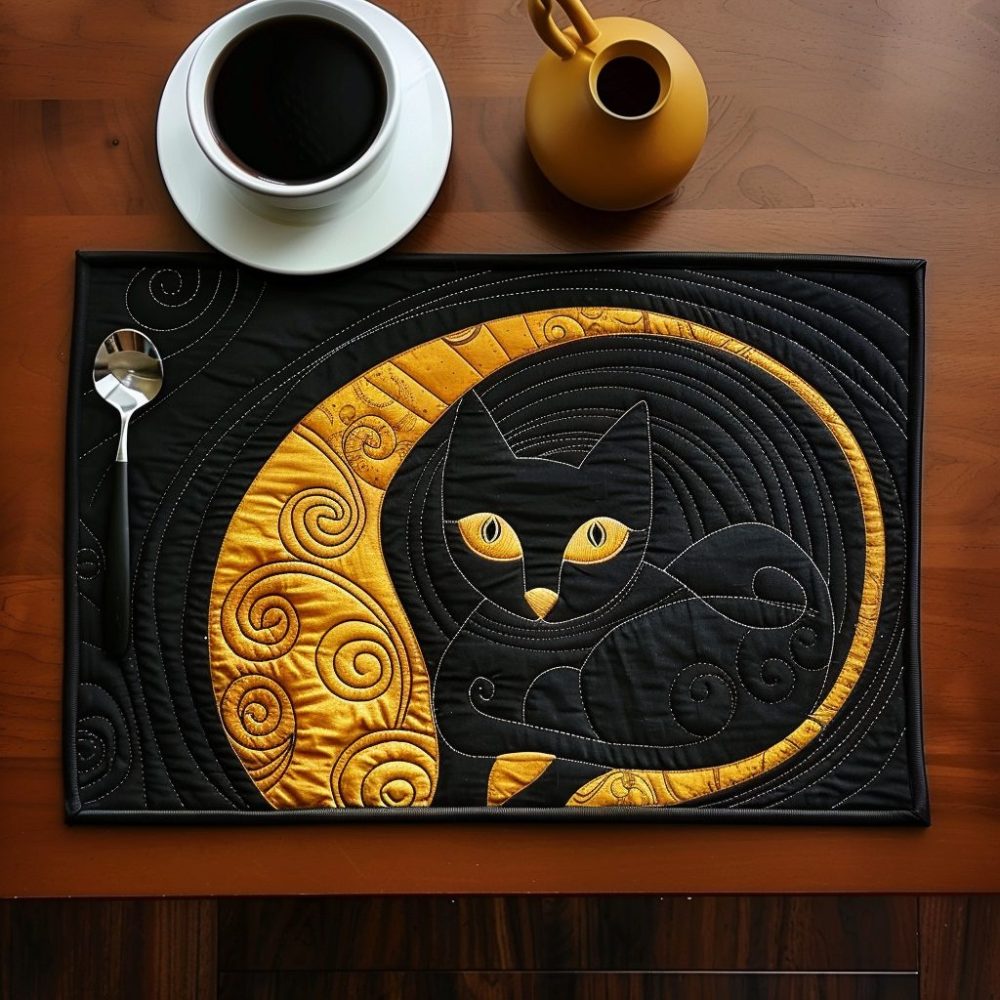 Shadowy Secret Cat Quilted Placemat — Elegant Silhouette Table Mat, Cotton-Padded, Non-Slip, Machine Washable, Stylish Cat Home Accent