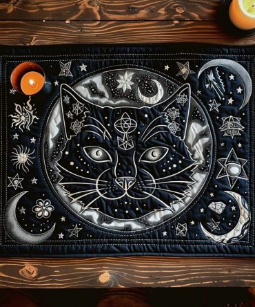 Moon Phase Cat Quilted Placemat — Celestial Feline Table Mat, Reversible & Padded for Stylish Dining, Easy-Care Machine Wash
