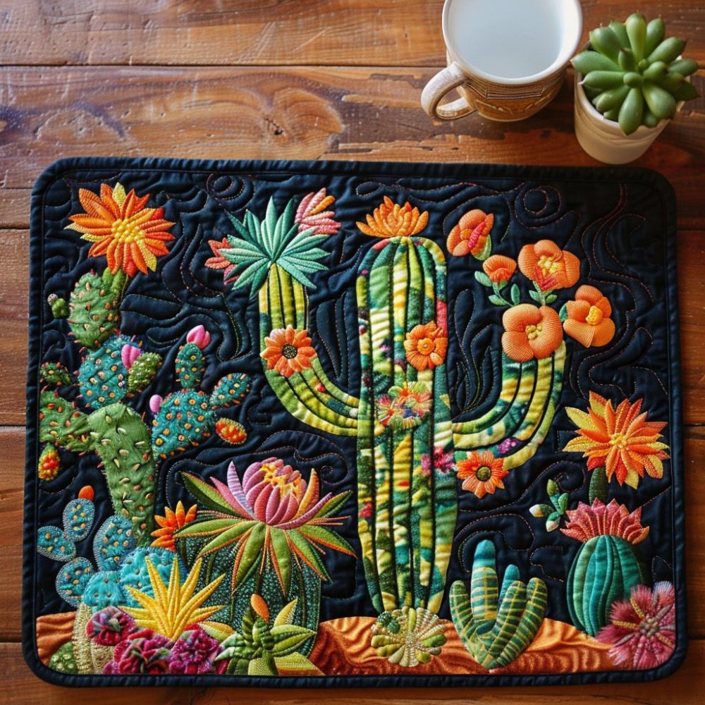 Cacti Cozy Quilted Dinner Placemat — Southwestern Succulent Table Accent, Durable Quilting, Machine-Washable & Trendy Boho Vibe