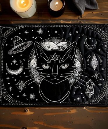 Nighttime Nimbus Cat Quilted Table Placemat — Moody Cloud Cat Cotton Placemat for Cozy Dining, Durable, Heat-Resistant & Washable
