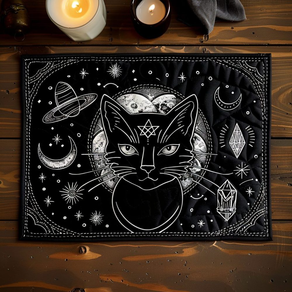 Nighttime Nimbus Cat Quilted Table Placemat — Moody Cloud Cat Cotton Placemat for Cozy Dining, Durable, Heat-Resistant & Washable