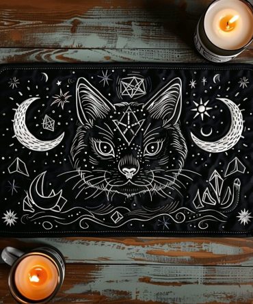 Lunar Feline Magic Quilted Table Placemat — Moonlit Cat Cotton Placemat for Enchanting Dining, Cushioned Support & Machine Washable
