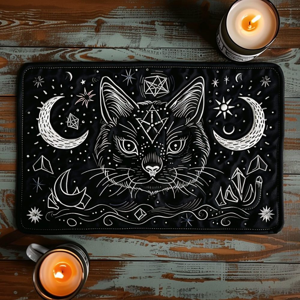 Lunar Feline Magic Quilted Table Placemat — Moonlit Cat Cotton Placemat for Enchanting Dining, Cushioned Support & Machine Washable