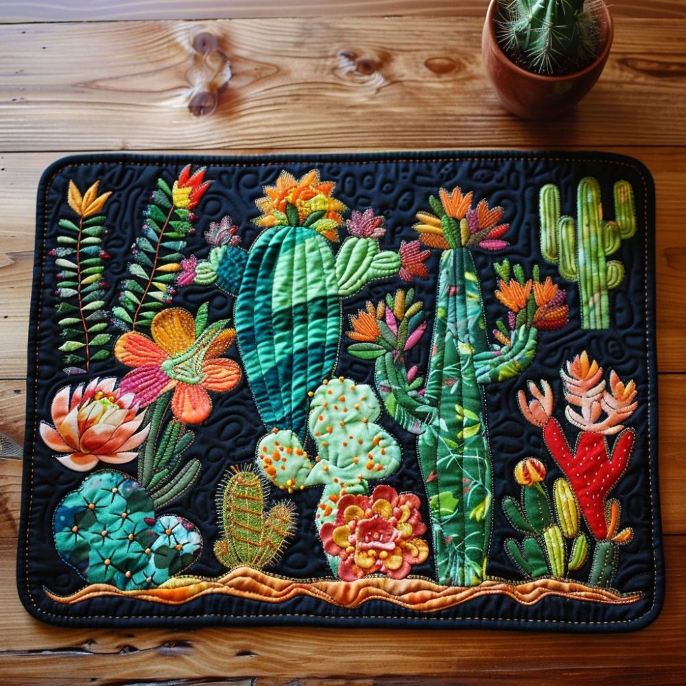 Prickly Perch Quilted Table Placemat — Modern Cactus Quilted Cotton Placemat for Home Dining, Durable & Machine-Friendly