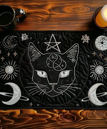 Stargazer Cat Quilted Table Placemat — Astronomical Cat Design Cotton Placemat for Chic Table Settings, Durable & Easy Care