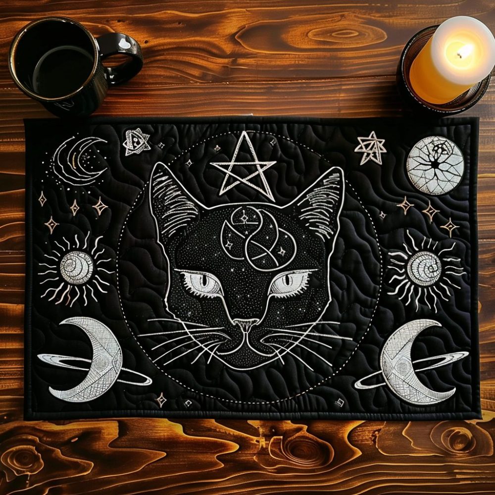 Stargazer Cat Quilted Table Placemat — Astronomical Cat Design Cotton Placemat for Chic Table Settings, Durable & Easy Care