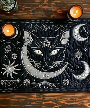 Cosmic Cat Charms Quilted Table Placemat — Playful Cosmic Cat Cotton Placemat for Dining, Cushioned, Machine-Washable, Giftable