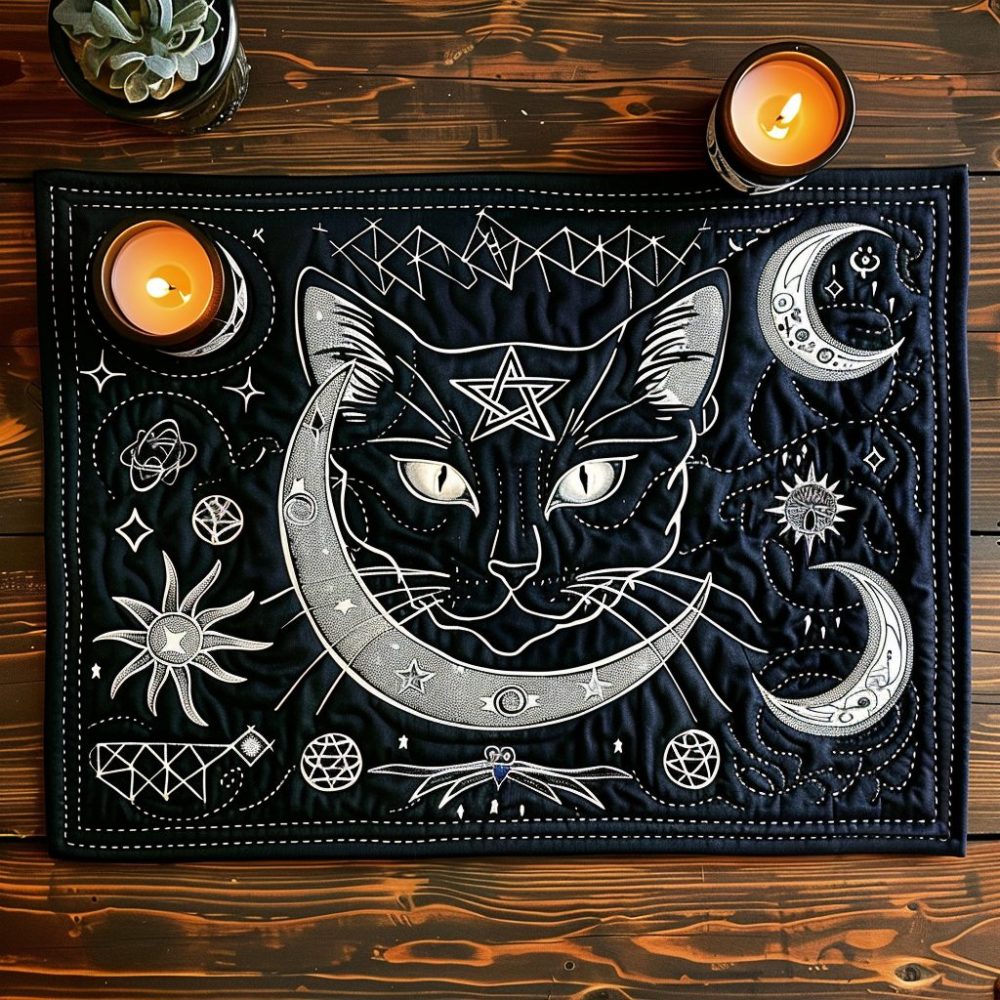 Cosmic Cat Charms Quilted Table Placemat — Playful Cosmic Cat Cotton Placemat for Dining, Cushioned, Machine-Washable, Giftable