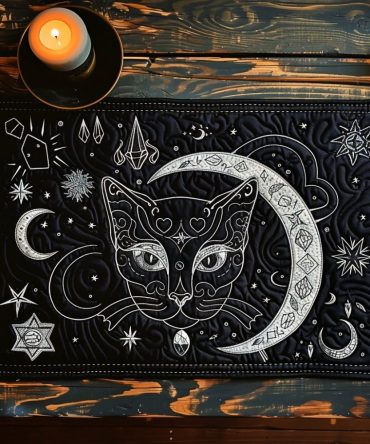 Celestial Whiskers Quilted Table Placemat — Astral Cat Design Cotton Placemat for Chic Dining, Heat-Protective & Machine Washable