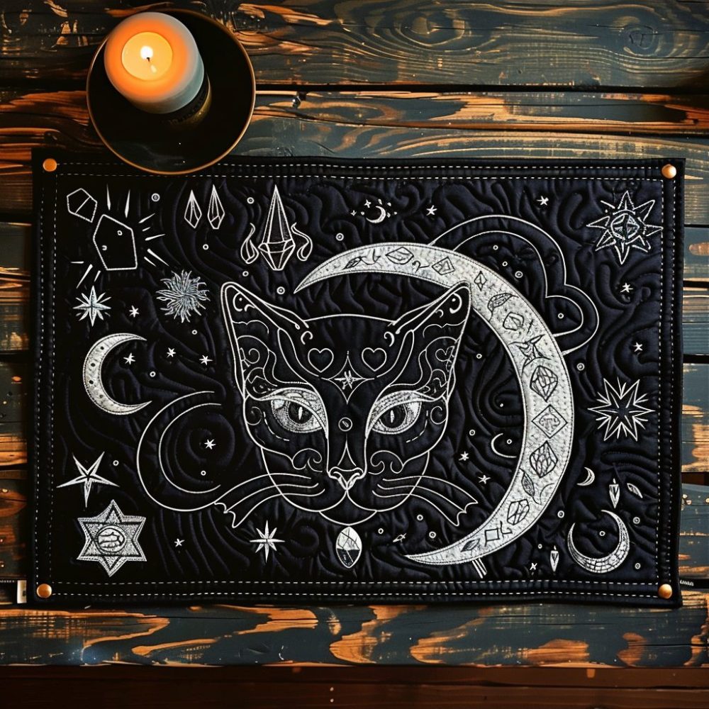 Celestial Whiskers Quilted Table Placemat — Astral Cat Design Cotton Placemat for Chic Dining, Heat-Protective & Machine Washable
