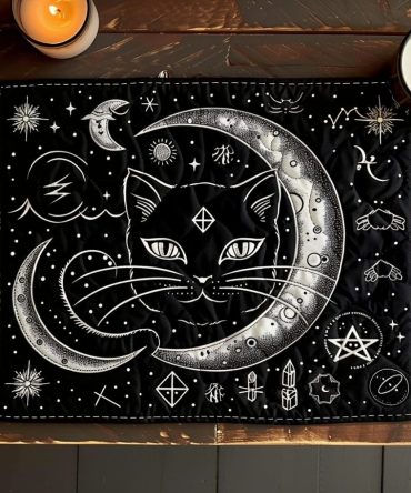 Enchanted Night Feline Quilted Table Placemat — Midnight Cat Pattern Cotton Placemat for Cozy Dining, Durable & Washable