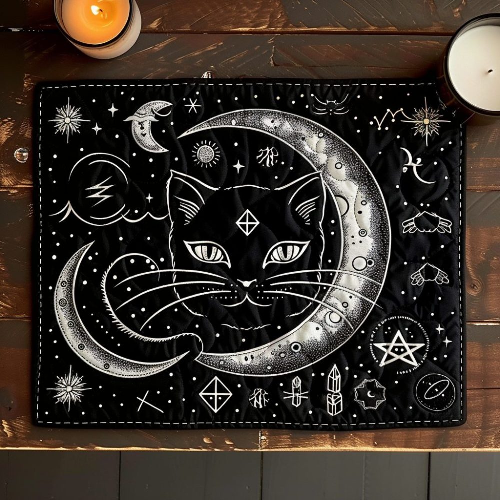 Enchanted Night Feline Quilted Table Placemat — Midnight Cat Pattern Cotton Placemat for Cozy Dining, Durable & Washable