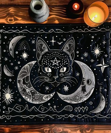 Starlit Sorcery Cat Quilted Table Placemat — Magical Night-Sky Cat Design Cotton Placemat for Dining, Durable & Easy Care