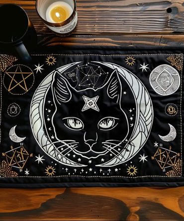 Mystical Moonlight Cat Quilted Table Placemat — Whimsical Cat & Moon Cotton Placemat for Charming Dining, Durable & Washable