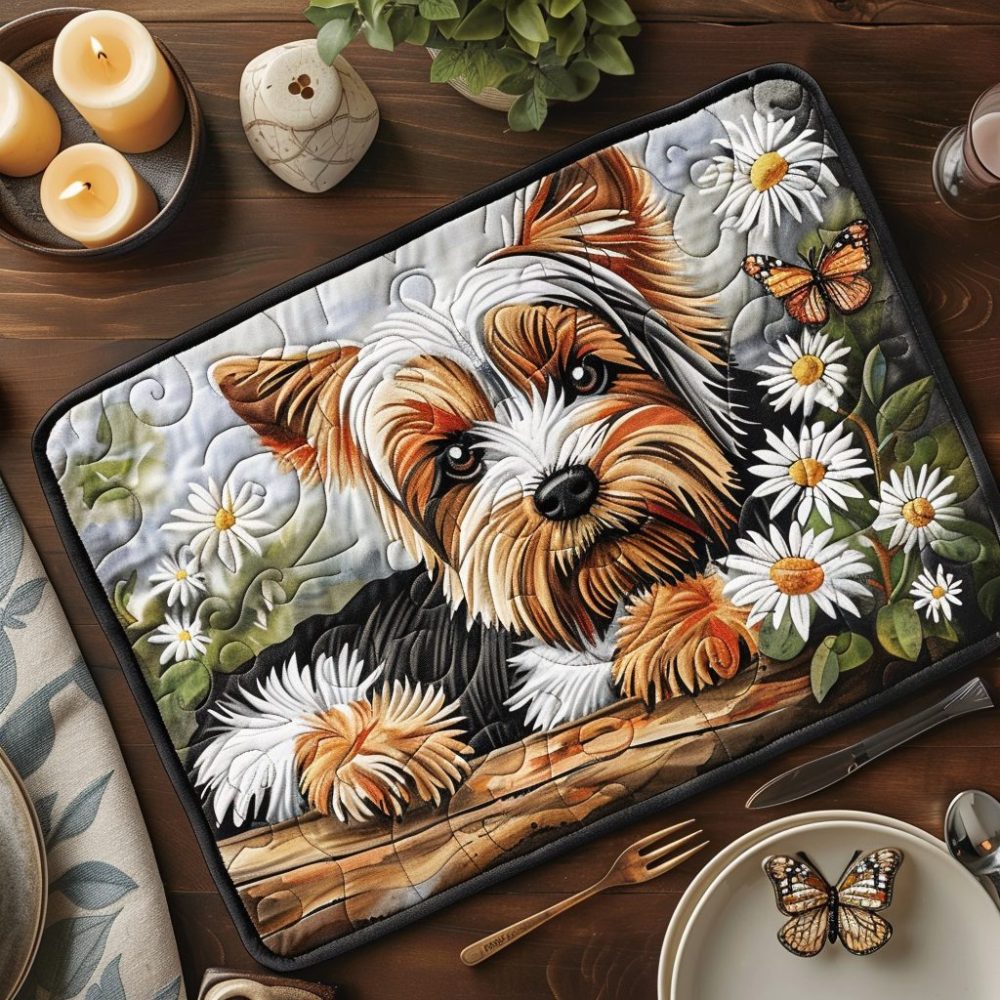 Paws & Tails Yorkie Quilted Placemat - Charming Dog Table Mat for Yorkshire Terrier Fans, Durable Cotton, Machine Washable, Rustic Decor