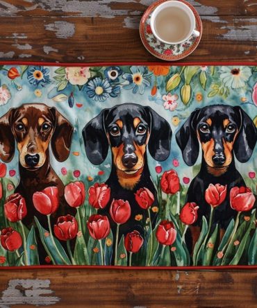 Majestic Tulip Harmony Dachshund Quilted Placemat — Floral Tulip & Sausage Dog Design, Durable Cotton Table Mat for Playful Dining