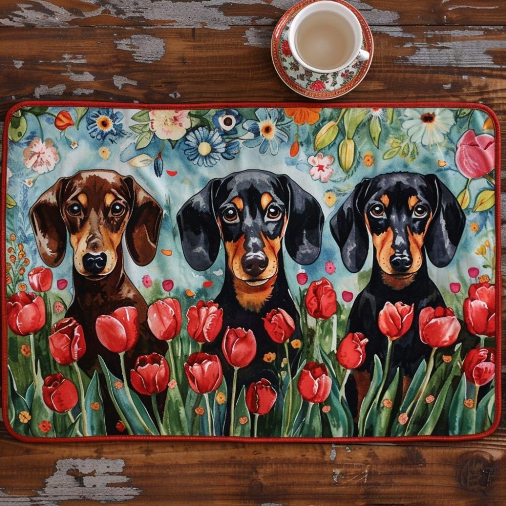 Majestic Tulip Harmony Dachshund Quilted Placemat — Floral Tulip & Sausage Dog Design, Durable Cotton Table Mat for Playful Dining