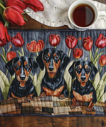 Elegant Dachshunds & Tulips Quilted Placemat - Luxury Cotton Dinner Mat, Floral Dog Design, Durable, Gift-Ready Table Accent
