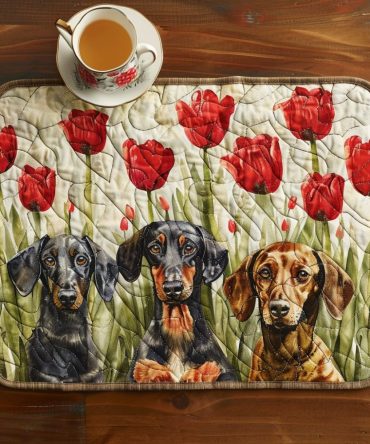Royal Dachshunds & Tulips Quilted Placemat — 12x18 Elegant Dog and Floral Table Mat, Cotton-Blend, Machine-Washable Gift for Pet Owners