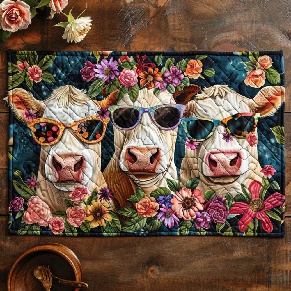 Dapper Dairy Quilted Placemat — Whimsical Farmhouse Cow 12x18 Table Mat, Durable Cotton-Blend, Perfect Kitchen & Farmhouse Decor