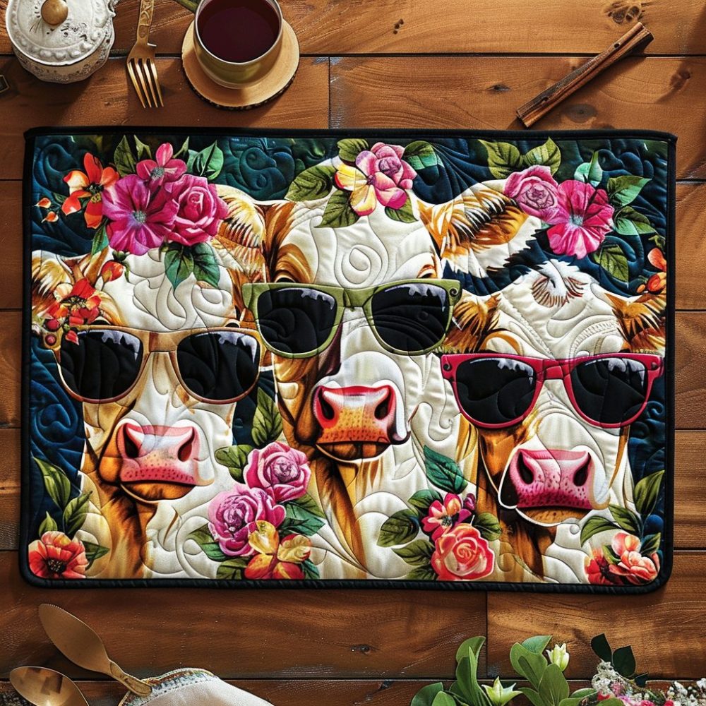 Cool Cow Crew Quilted Placemat — Whimsical Cow Print Table Mat, 12X18 Cotton Quilted Accent For Farmhouse Kitchens & Family Meals
