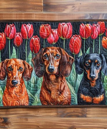 Tulip & Dachshund Quilted Placemat Collection — Charming Floral And Dog Design, Durable Quilted Dining Mat, Easy-Care Table Accent