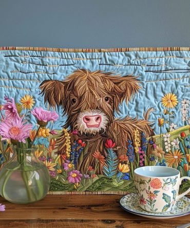 Highland Cow Quilted Placemat — Cute Meadow Cattle Design Cotton Dining Mat, Durable Padding, Machine Washable Accent