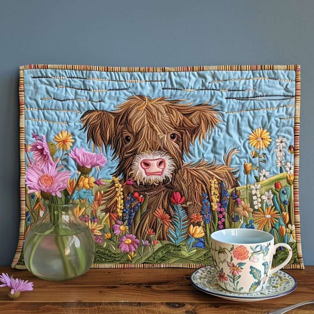 Highland Cow Quilted Placemat — Cute Meadow Cattle Design Cotton Dining Mat, Durable Padding, Machine Washable Accent