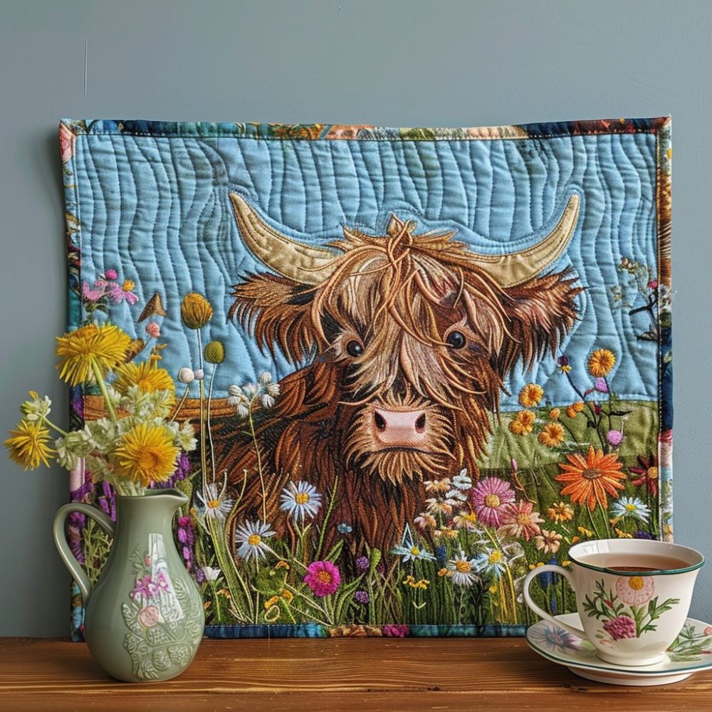 Adorable Meadow Highland Calf Quilted Placemats — Durable Machine-Washable Table Mats for Rustic Farmhouse Dining & Gift
